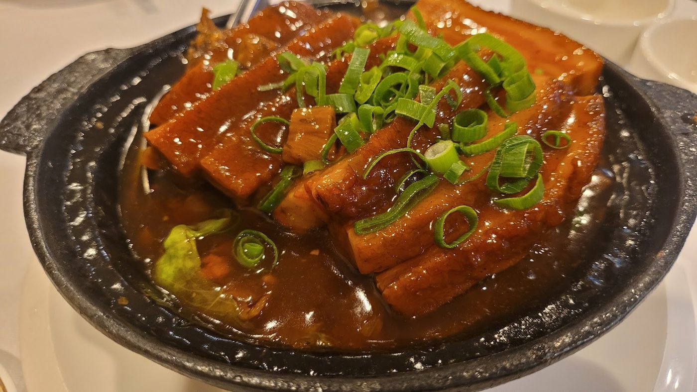Braised dish topped with spring onion on a hot plate